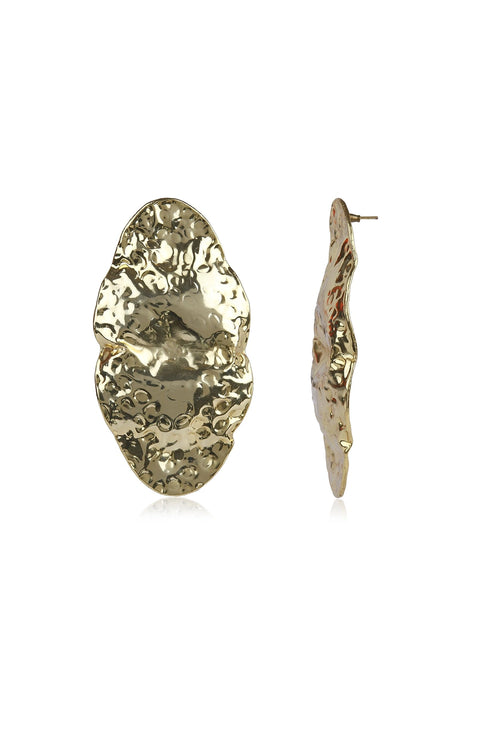 Gold Beaten Metal Oval Earrings