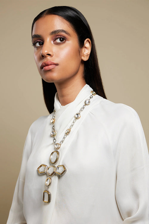 Gold & Silver Polki Cross Necklace