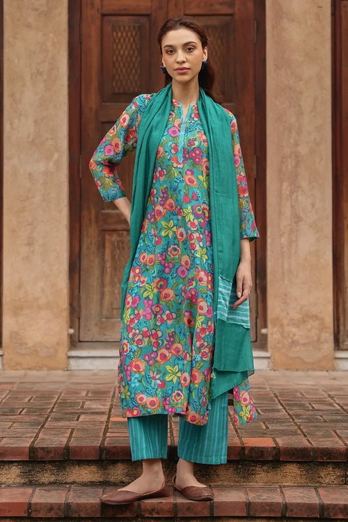 Teal Emerald Blossom Kurta Set