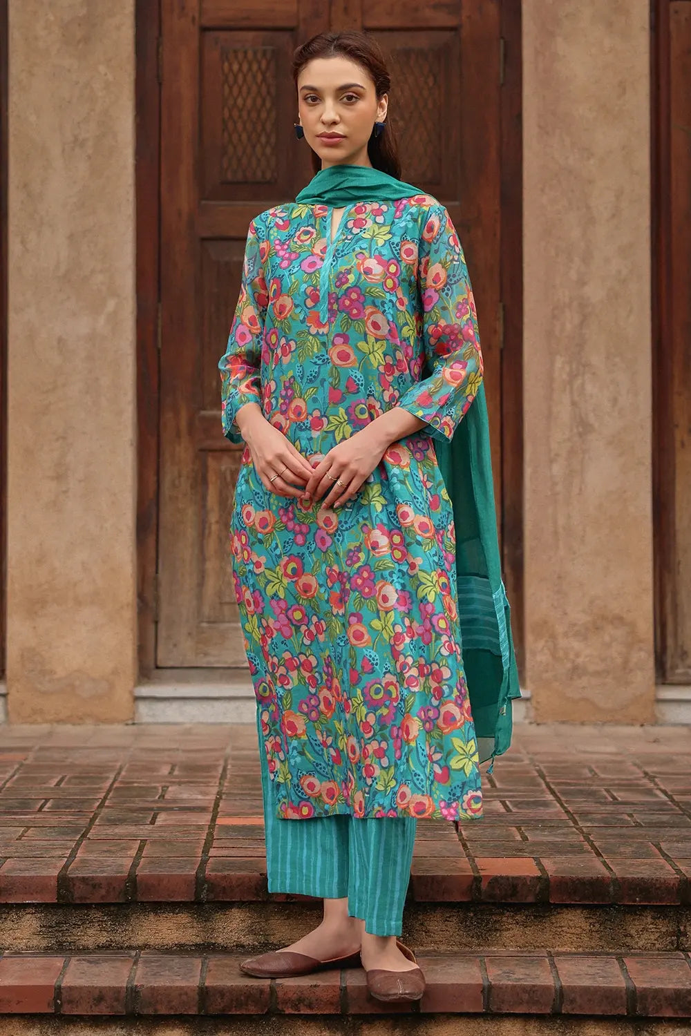 Teal Emerald Blossom Kurta Set
