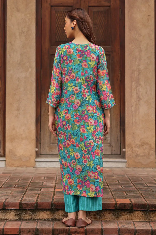 Teal Emerald Blossom Kurta Set