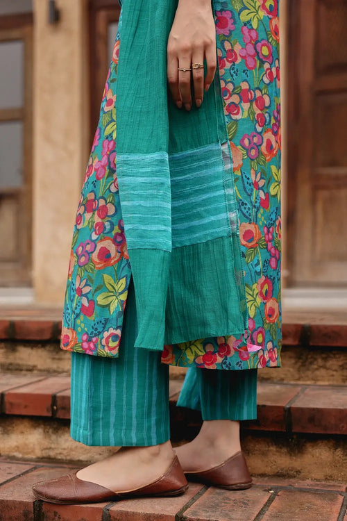 Teal Emerald Blossom Kurta Set
