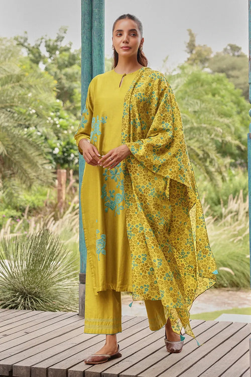 Ochre Applique Sky Printed Kurta Set
