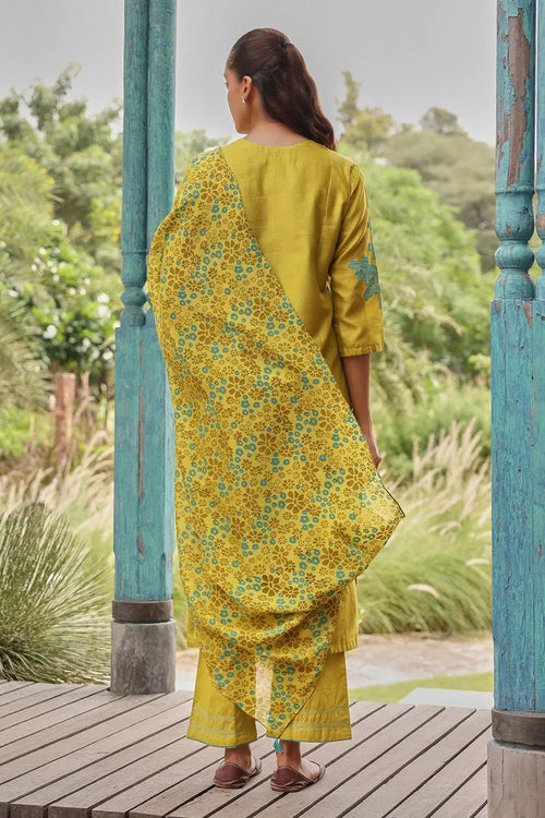 Ochre Applique Sky Printed Kurta Set