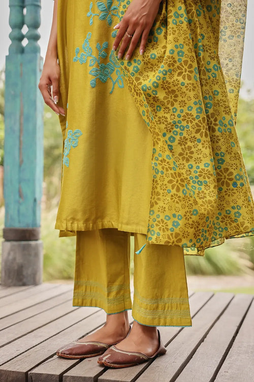Ochre Applique Sky Printed Kurta Set