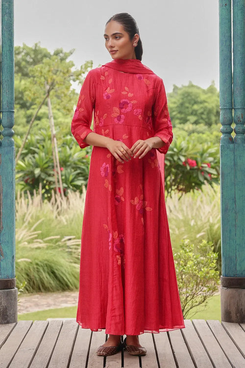 Berry Scarlet Blossom Kurta Set