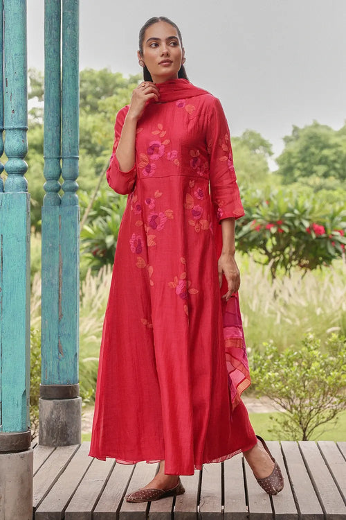 Berry Scarlet Blossom Kurta Set
