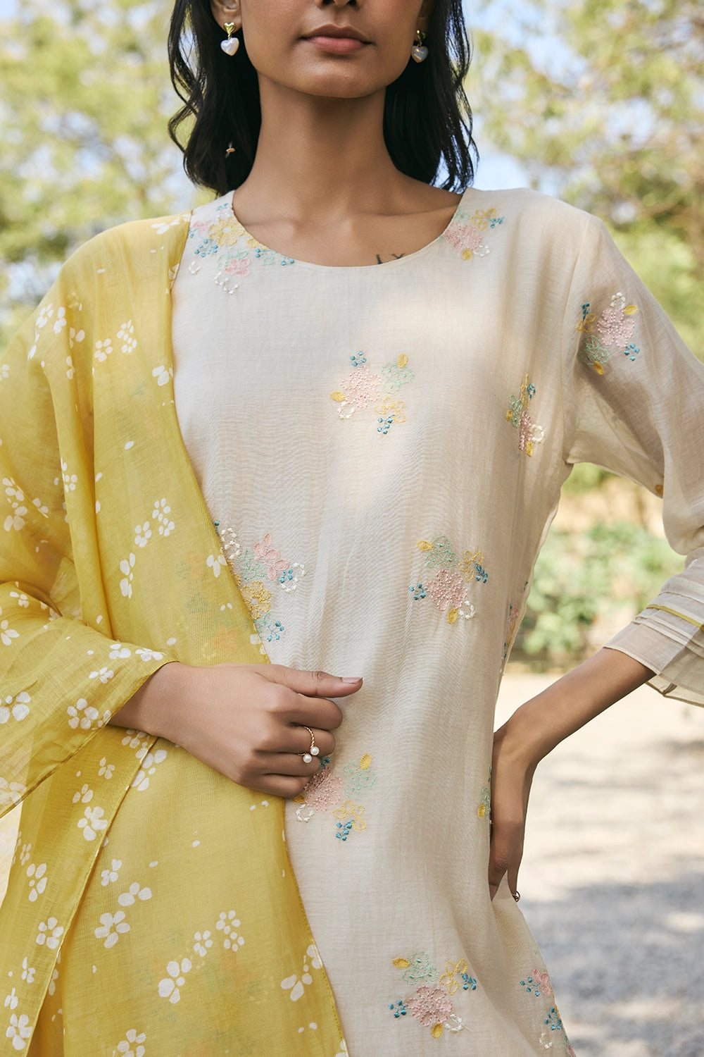 Ecru Embroidered Kurta Set