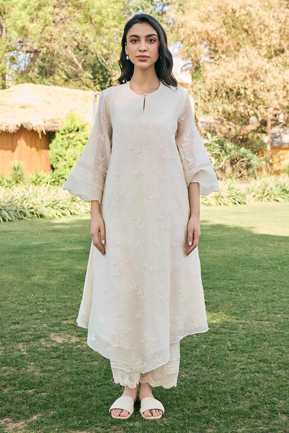 Ecru Embroidered Kurta Set