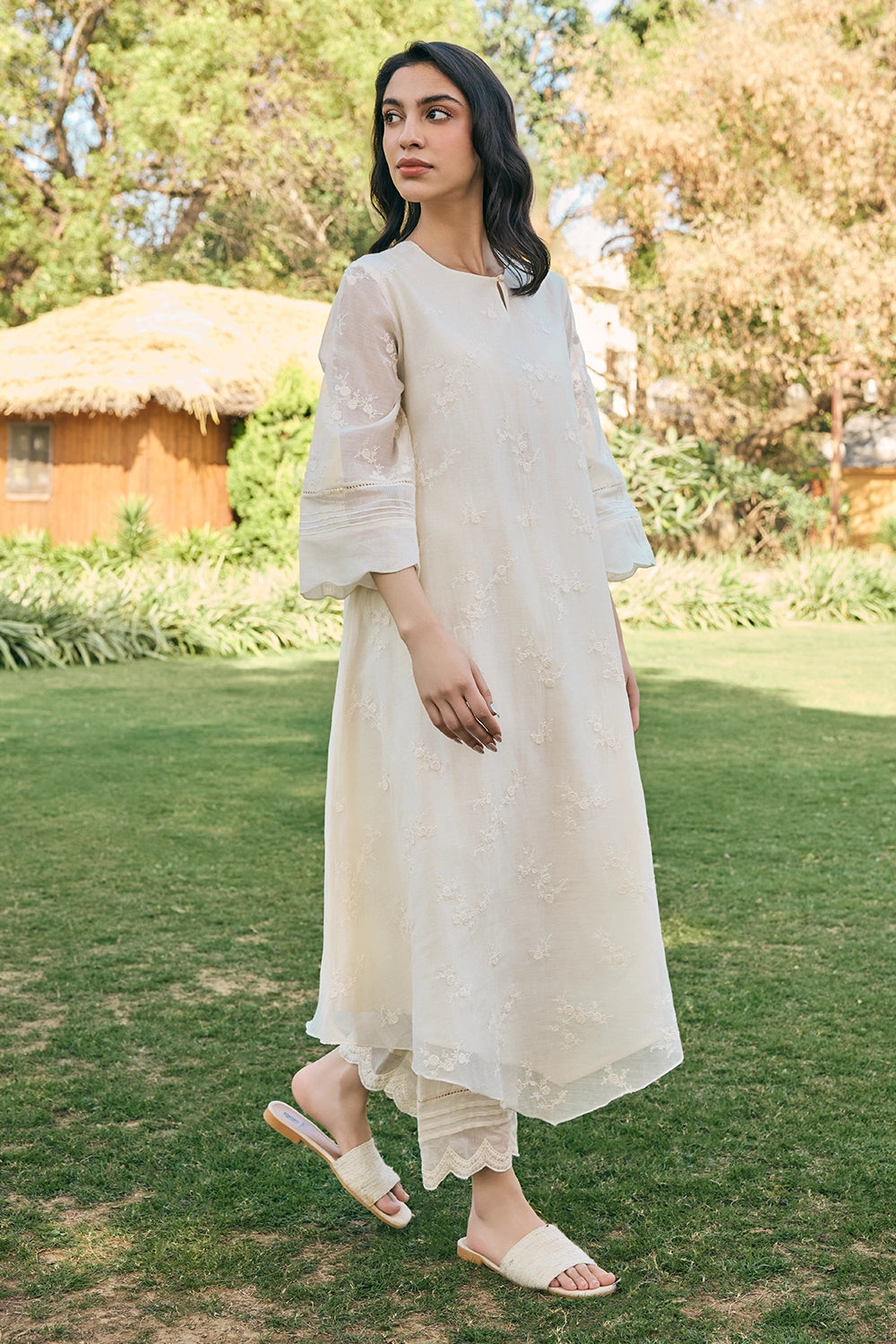 Ecru Embroidered Kurta Set