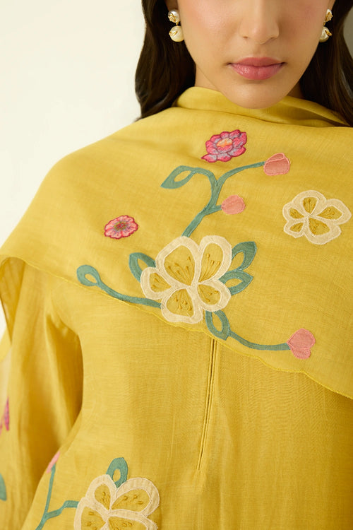 Floral Applique Marigold Kurta Set