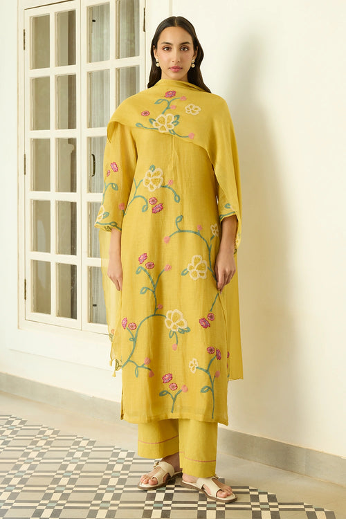 Floral Applique Marigold Kurta Set