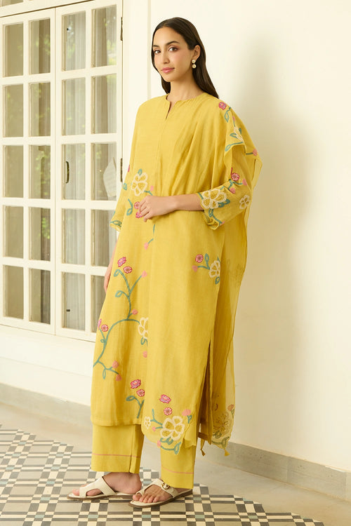 Floral Applique Marigold Kurta Set