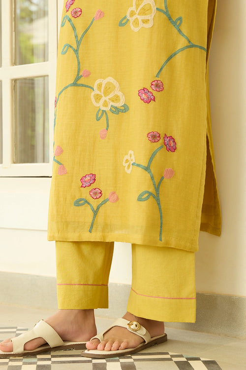 Floral Applique Marigold Kurta Set