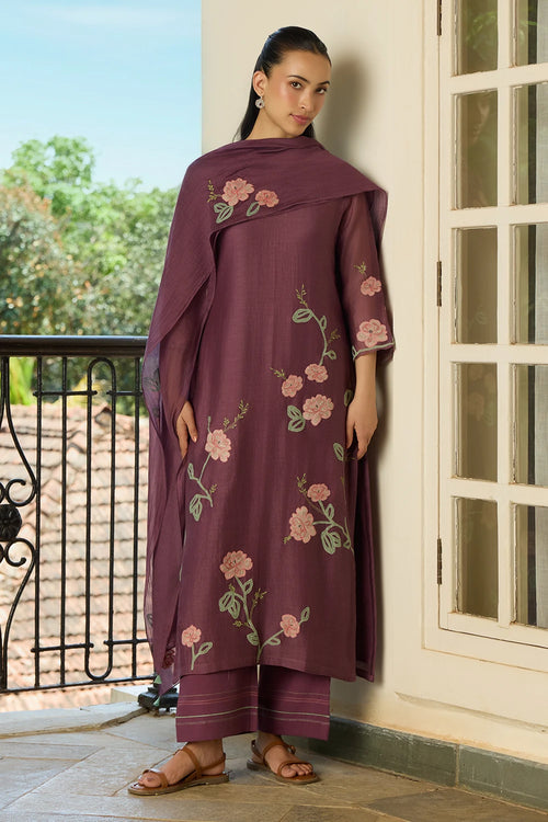 Amethyst Floral Applique Kurta Set with Dupatta
