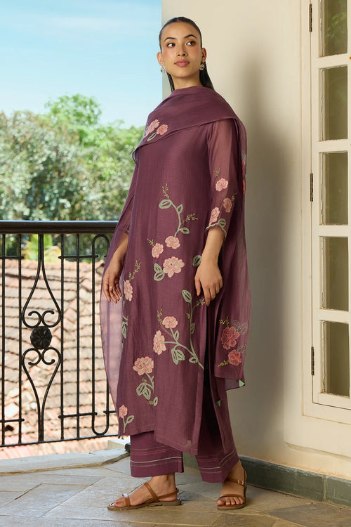 Amethyst Floral Applique Kurta Set with Dupatta