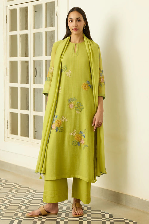 Lime Applique Floral Kurta Set