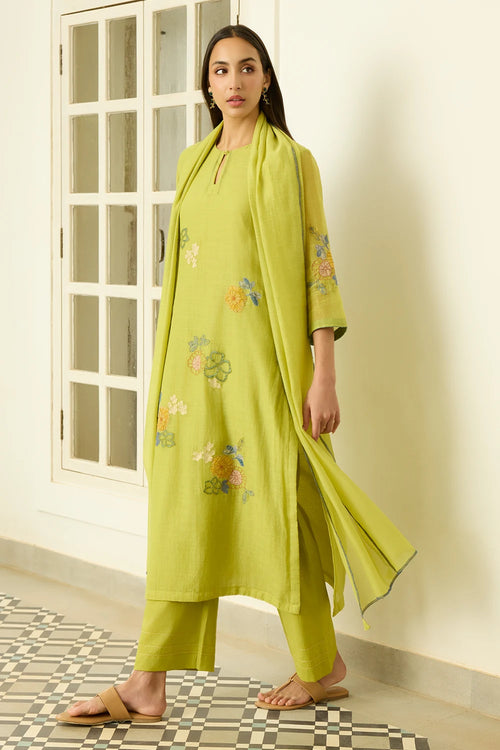 Lime Applique Floral Kurta Set