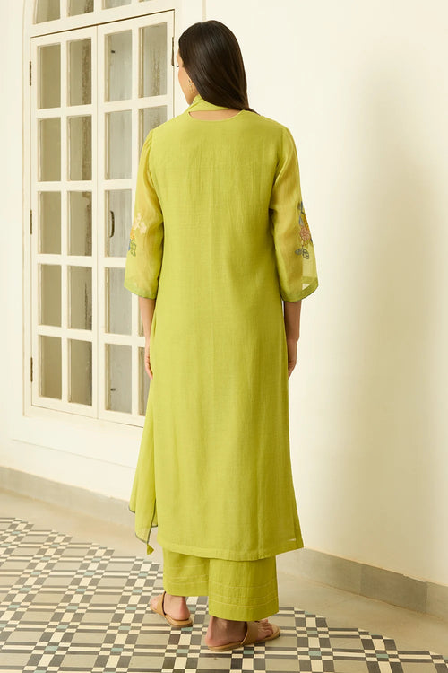 Lime Applique Floral Kurta Set