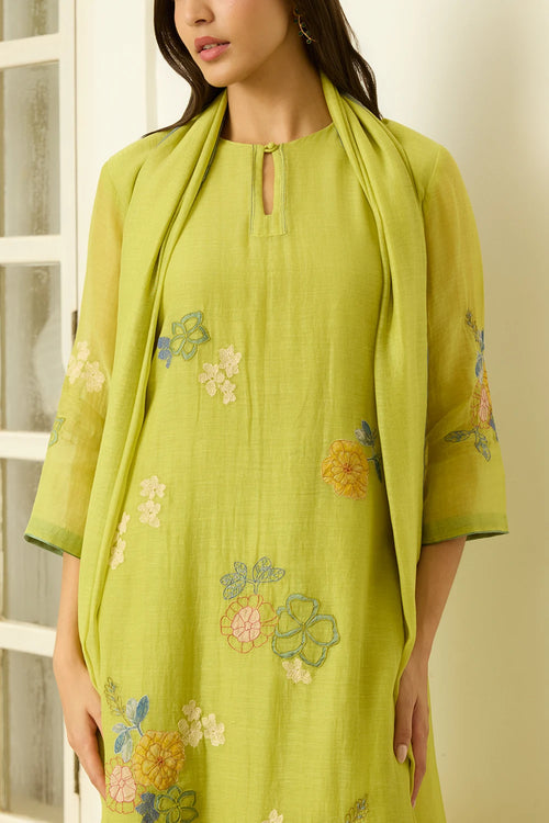 Lime Applique Floral Kurta Set