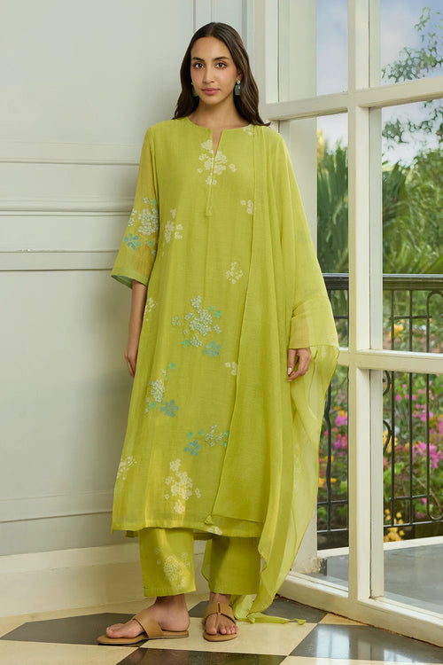 Lime Thread Embroidered Kurta Set