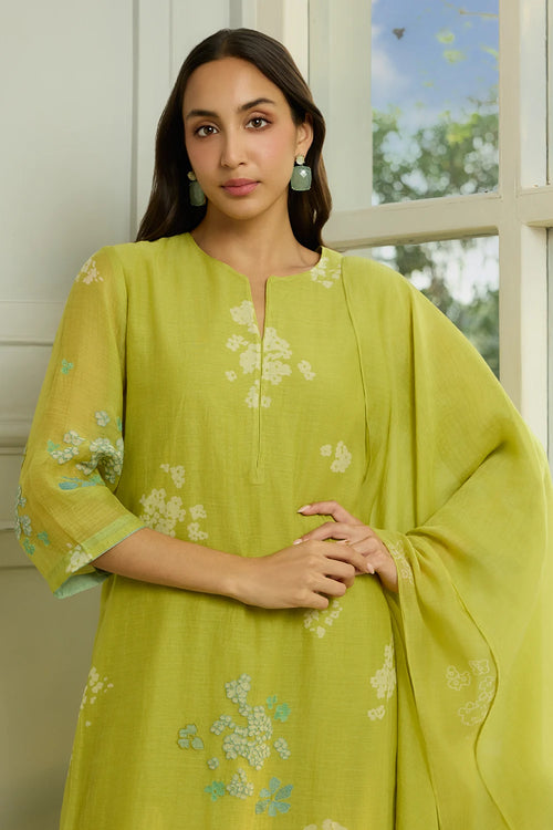 Lime Thread Embroidered Kurta Set