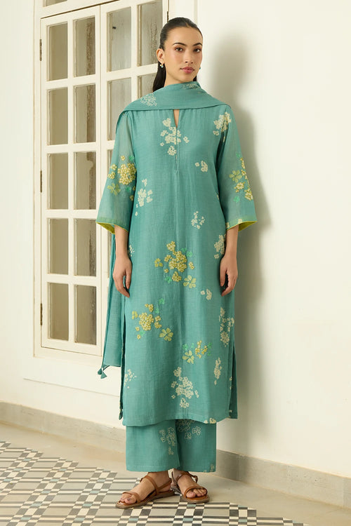 Aqua Floral Applique Kurta Set