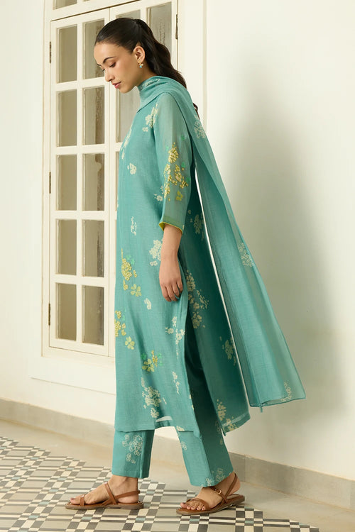 Aqua Floral Applique Kurta Set