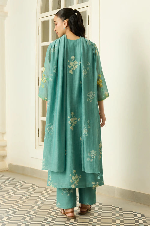 Aqua Floral Applique Kurta Set