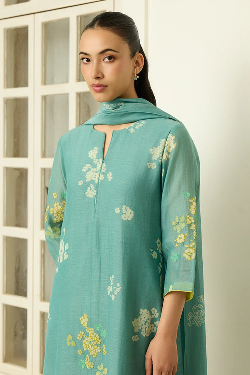 Aqua Floral Applique Kurta Set