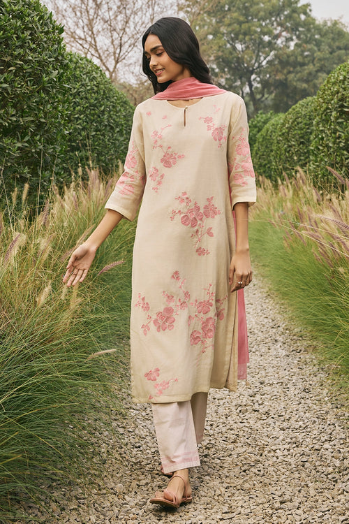 Ecru Floral Applique Kurta Set