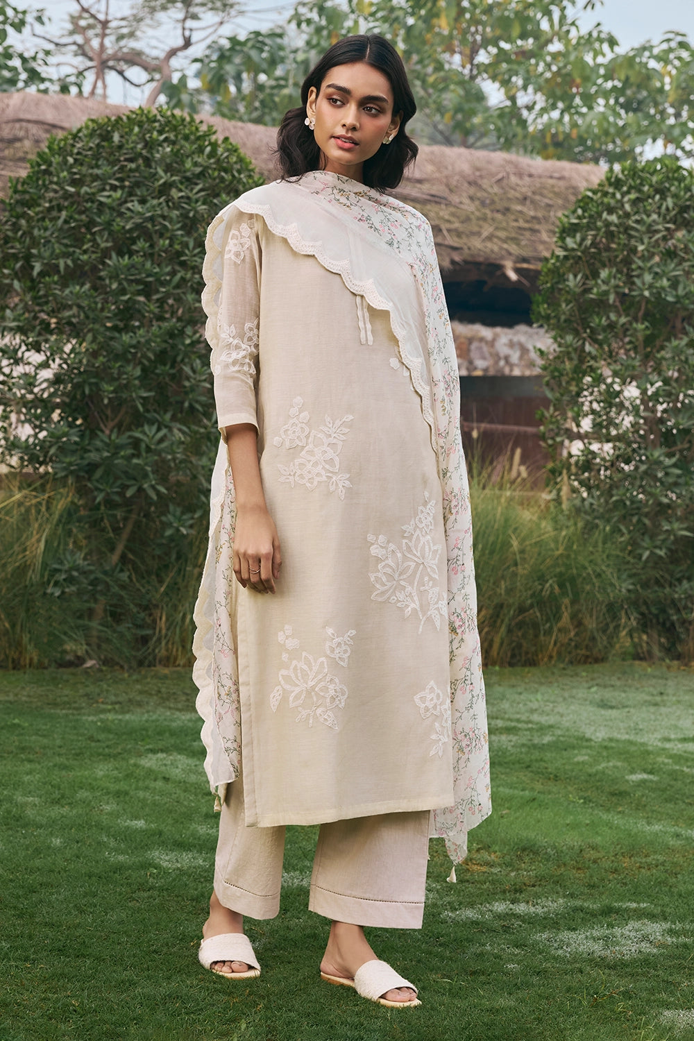 Ecru Applique Floral Kurta Set