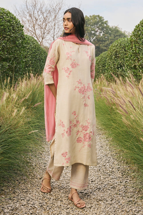 Ecru Floral Applique Kurta Set