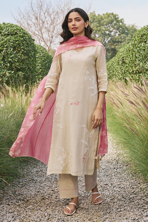 Ecru Cotton Floral Kurta Set