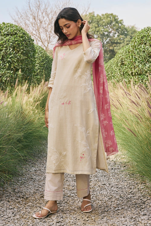 Ecru Cotton Floral Kurta Set