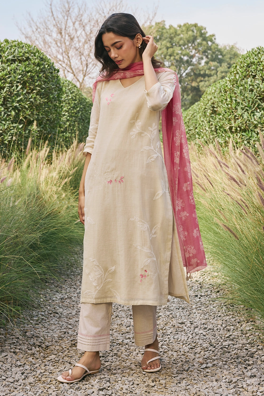 Ecru Cotton Floral Kurta Set