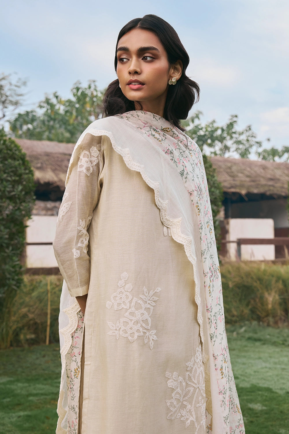 Ecru Applique Floral Kurta Set