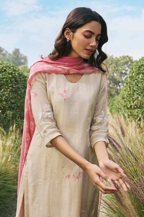 Ecru Cotton Floral Kurta Set