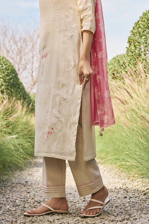 Ecru Cotton Floral Kurta Set