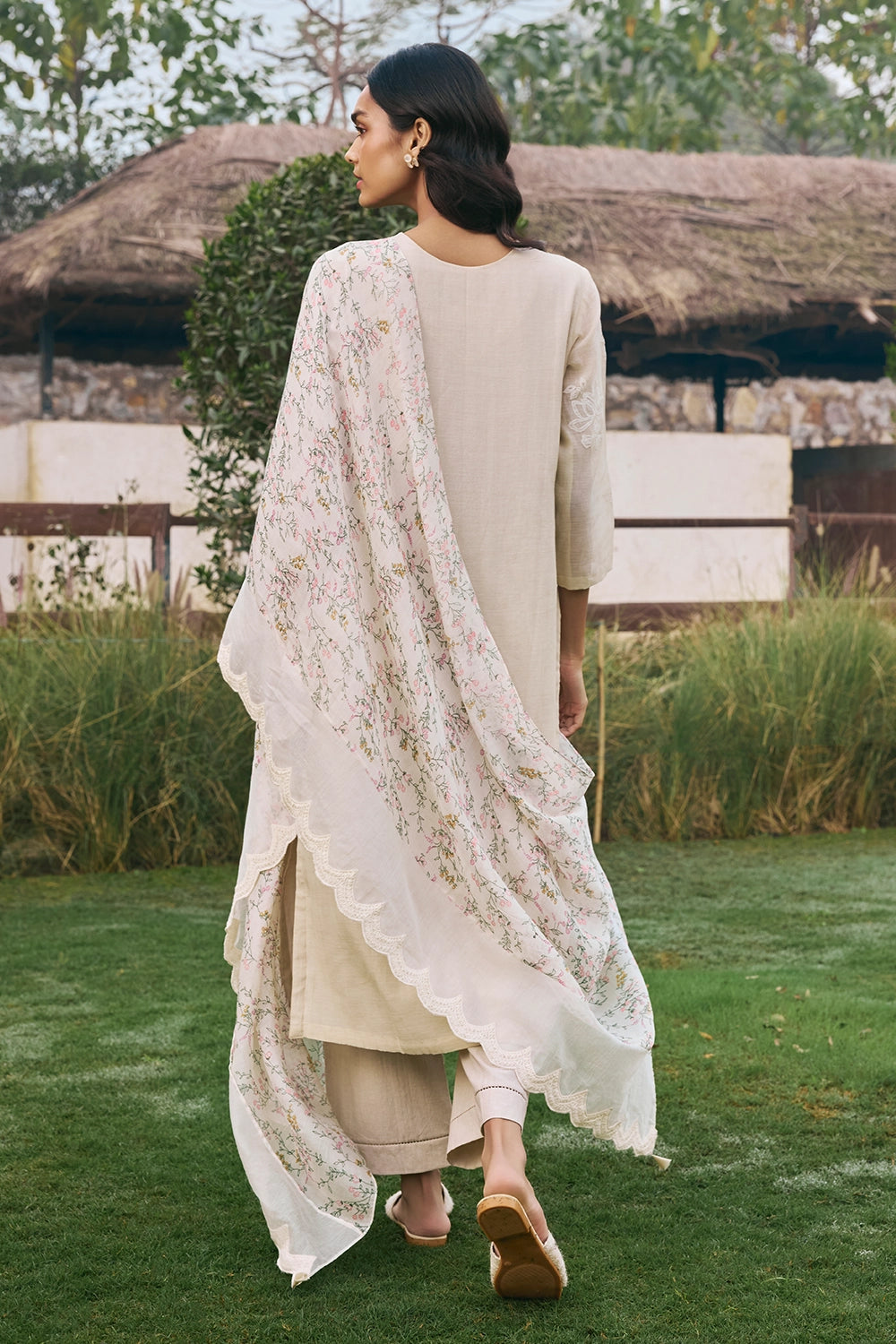 Ecru Applique Floral Kurta Set