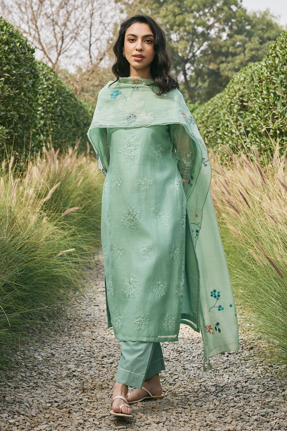 Mint Floral Embroidered Kurta Set