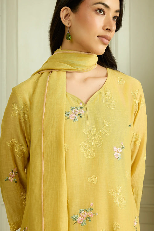 Lemon Thread Embroidered Kurta Set