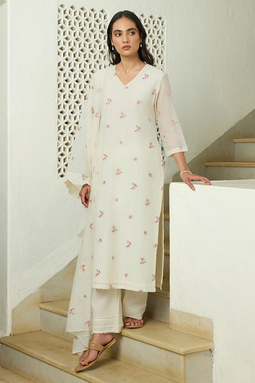Ivory Floral Embroidered Kurta Set