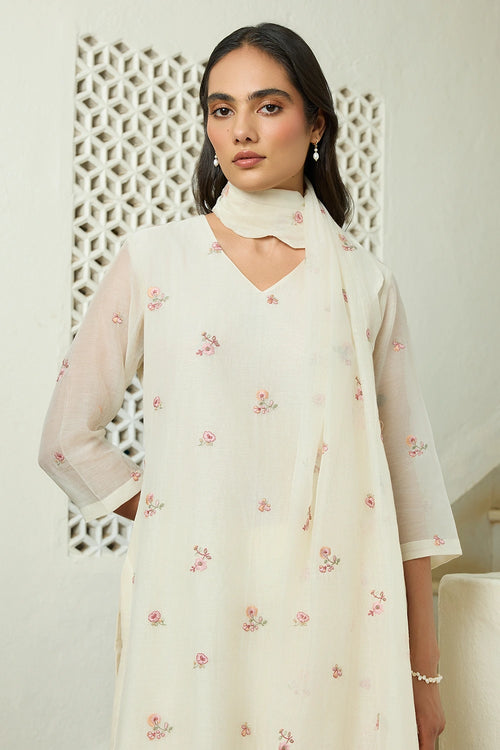 Ivory Floral Embroidered Kurta Set