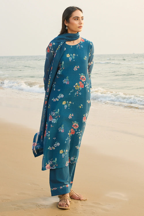 Sapphire Blue Floral Kurta Set