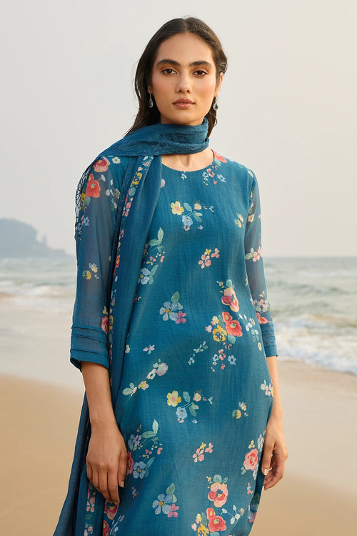 Sapphire Blue Floral Kurta Set
