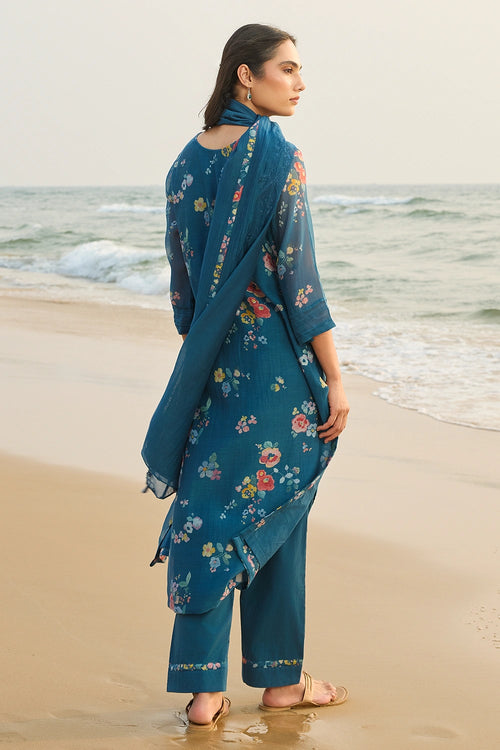 Sapphire Blue Floral Kurta Set