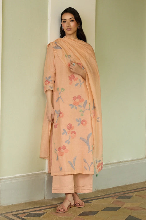 Peach Applique Floral Kurta Set