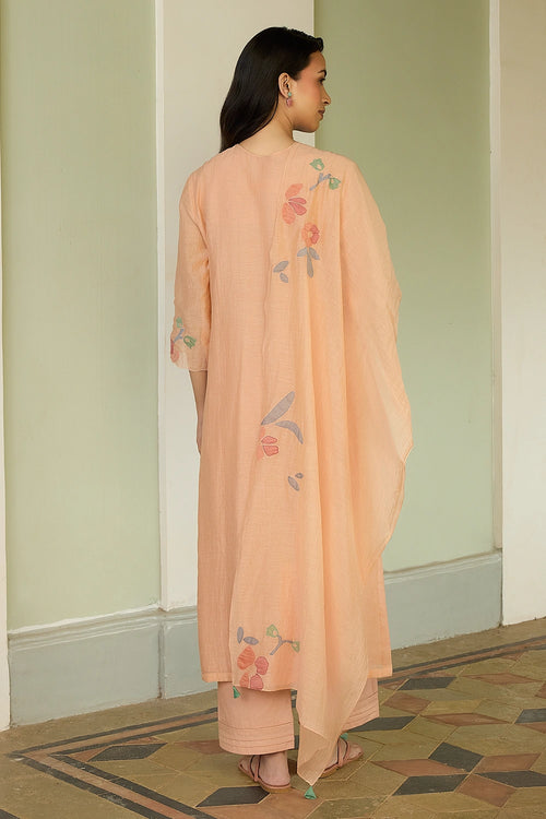 Peach Applique Floral Kurta Set