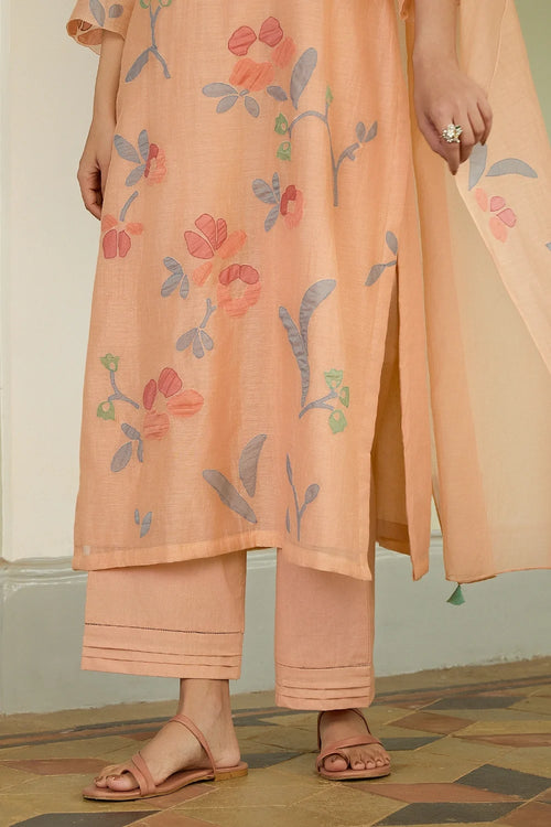 Peach Applique Floral Kurta Set